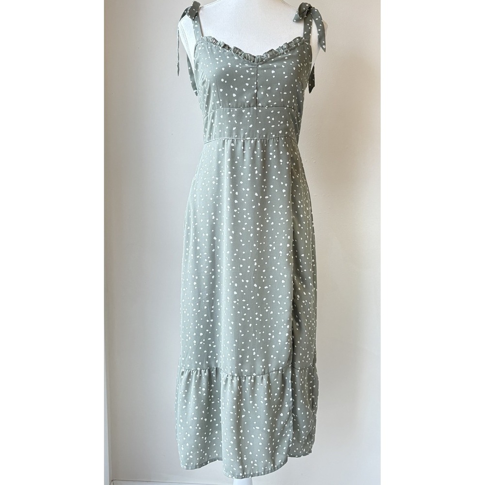 Abercrombie & Fitch Tie Strap Midi Dress Small Green Polka Dot Ruffles Side Slit - Picture 2 of 8